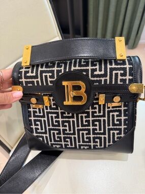 Balmain Black & Ivory Monogram Crossbody with Gold Hardware